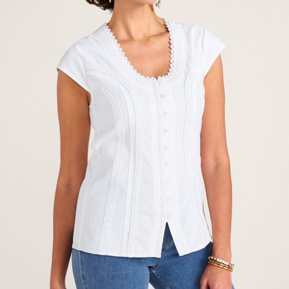 Soft Surroundings White Lace-Trim Cap Sleeve Button Front Top